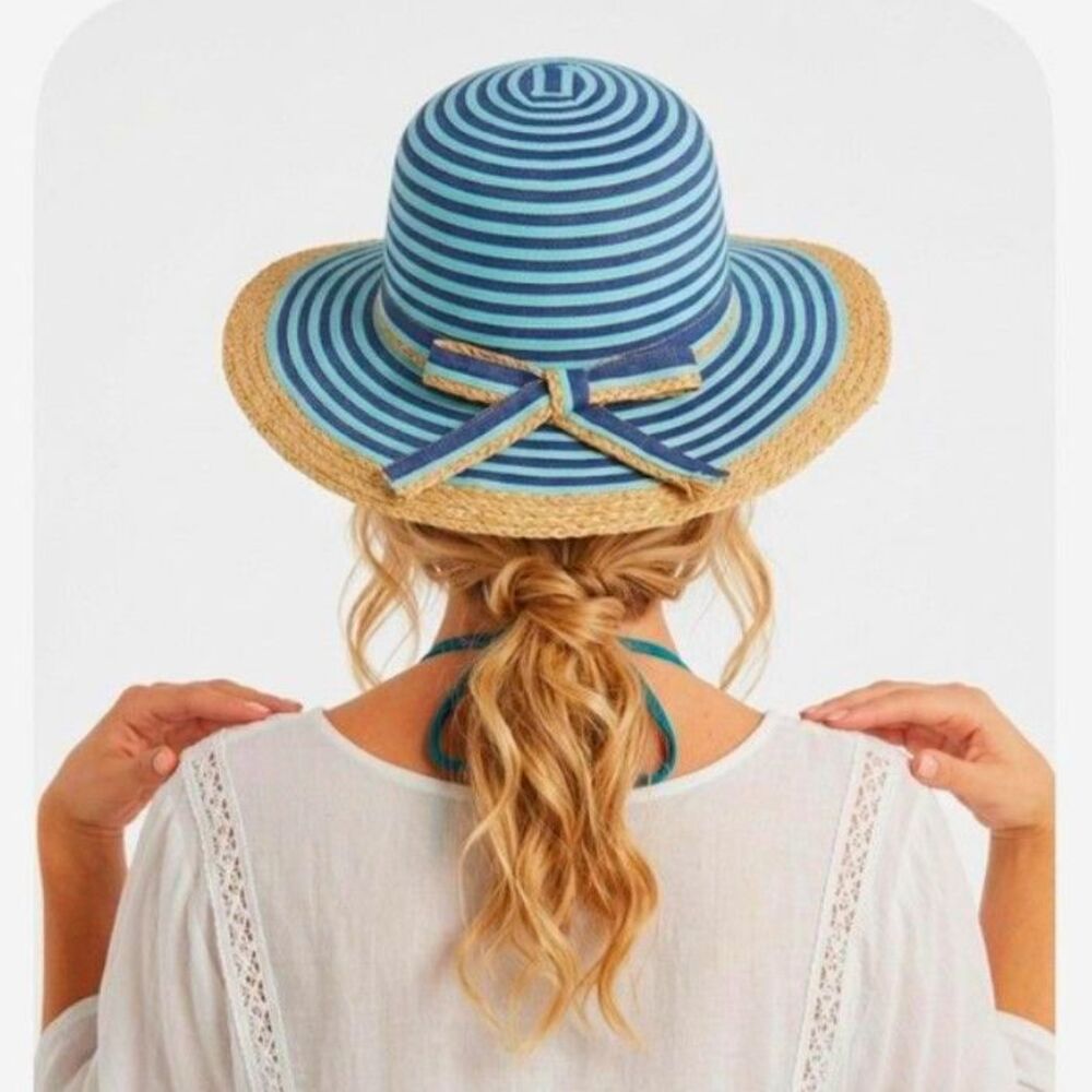 Sun N Sand NWOT Women's Blue Aqua Striped Canvas Straw Edge Sun Hat O/S